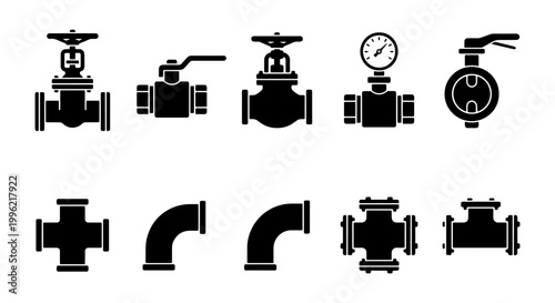 Industrial pipe valve icons set, black plumbing fittings and water pipeline silhouettes, 10 vector elements for engineering and construction diagrams