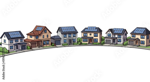 Suburban neighborhood with solar panel houses
