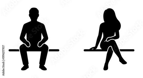 Minimalist sitting people silhouettes, black man and woman figures on bench, flat vector icons for architectural scale and public space design