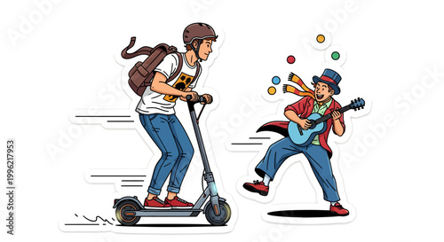 young woman riding scooter past musician playing guitar