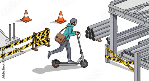 Person riding electric scooter past construction site barrier