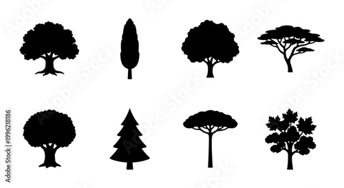 Black tree silhouettes collection, set of 8 nature icons, minimalist forest and park vegetation symbols, flat vector botanical elements for landscape design