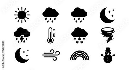 Minimalist weather icon set with 12 black vector symbols, meteorology forecast signs for sun rain and snow, climate interface elements for mobile apps