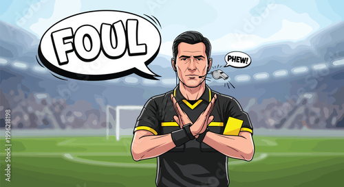 Comic style illustration of soccer referee blowing whistle and signaling foul with crossed arms in front of stadium crowd during professional match play.