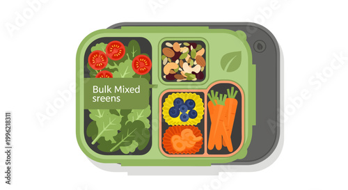 Veggie compartment lunch box with mixed greens, carrots and flowers