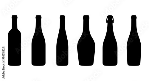 Black wine bottle silhouettes set, collection of 6 alcohol glass bottle shapes, flat vector icons for winery and bar branding