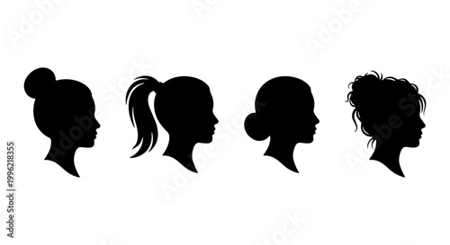Woman profile silhouette set with various hairstyles, female head side view vector icons, elegant lady hair bun and ponytail outlines