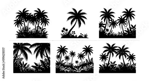 Tropical palm tree silhouettes, black jungle foliage vector set, exotic island paradise landscape elements, summer beach forest clip art