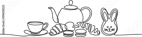 Continuous one line drawing of a charming tea set with pastries, including an easter bunny shaped treat, perfect for a cozy break.one line vector illustration on white background