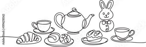 Continuous one line drawing of a charming tea set with pastries, including an easter bunny shaped treat, perfect for a cozy break.one line vector illustration on white background