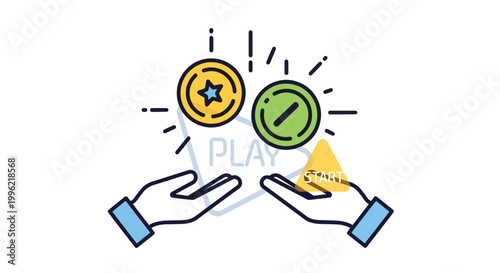Play button concept featuring two hands holding golden star coin and green minus symbol to initiate starting sequence in digital gaming application.