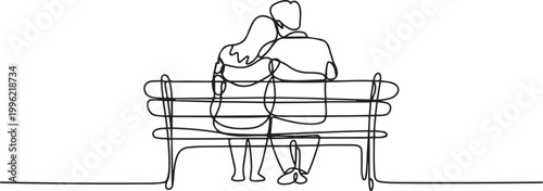 Continuous one line drawing of a couple sitting on a park bench, embracing and enjoying a romantic moment from behind.one line vector illustration on white background