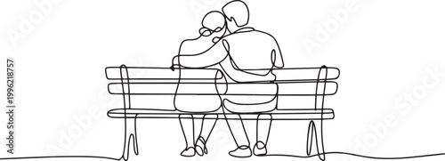 Continuous one line drawing of a couple sitting on a park bench, embracing and enjoying a romantic moment from behind.one line vector illustration on white background