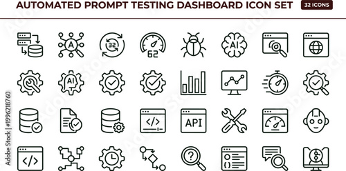Automated prompt testing dashboard outline icon set featuring analytics debugging validation vector collection for dashboards interfaces applications workflow performance monitoring systems