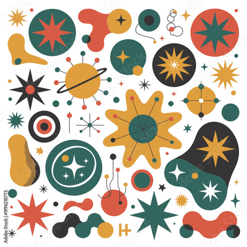 A vibrant illustration of various colorful shapes and celestial objects