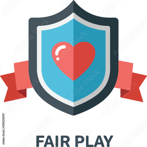 Fair play award shield icon with red heart and ribbon vector illustration for sportsmanship and ethical competition achievement symbol concepts.