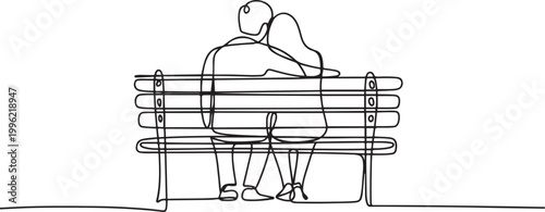Continuous one line drawing of a couple sitting on a park bench, embracing and enjoying a romantic moment from behind.one line vector illustration on white background