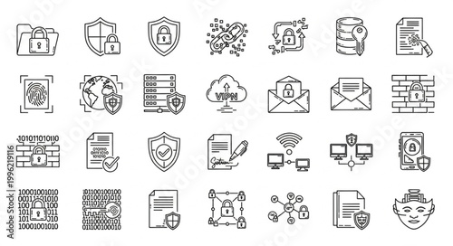 Collection of Cybersecurity Icons Representing Digital Security and Data Protection.