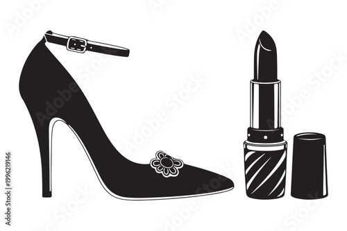 Black stiletto heel shoe and open lipstick vector illustration with stiletto