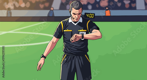 Professional soccer referee checking wristwatch for extra time during football match vector illustration showing official timekeeping on green field.