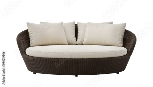 Konstfotografi Isolated dark brown wicker outdoor sofa with beige cushions, modern garden patio