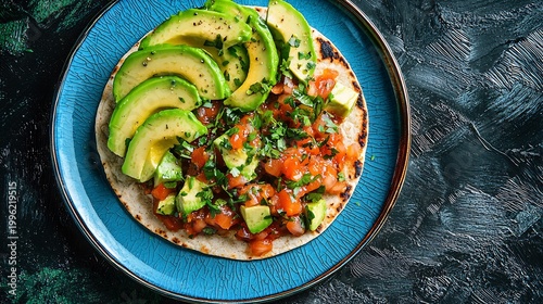 Vibrant Spicy Ceviche Tostada with Fresh Avocado, Cilantro, and Tomato Salsa on Blue Plate