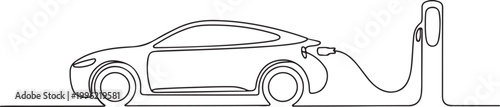 Continuous one line drawing of Electric car at charging stations. Single line drawing illustration of Electric car.one line vector illustration on white background