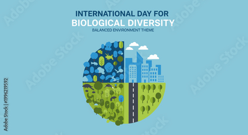 International Day for Biological Diversity awareness campaign logo with nature and cityscape.