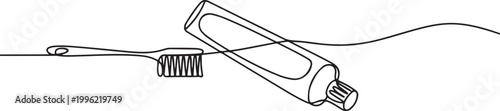 Continuous one line drawing of toothbrush and toothpaste.one line vector illustration on white background