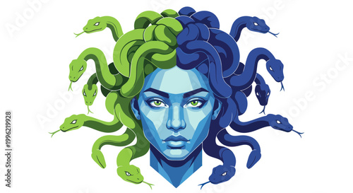 Medusa Portrait with Green and Blue Snake Hair, Mythological Creature