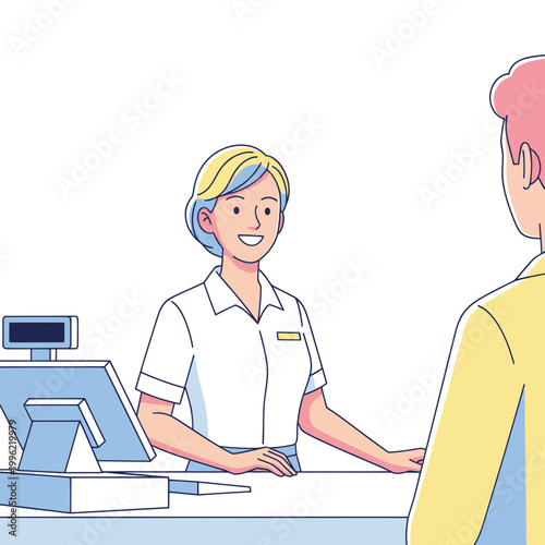 Smiling Cashier Serving Customer at Checkout Counter
