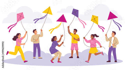 People happily flying colorful kites on a breezy day in park with clouds.