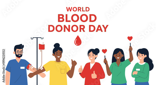Diverse group of happy young people standing together, some holding blood bags, celebrating World Blood Donor Day with a supportive mood, isolated white background.