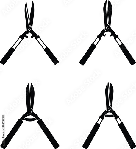 Hedge shears icon set isolated on transparent background, gardening pruning scissors and landscaping tool silhouette collection
