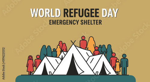 World Refugee Day emergency shelter illustration showing a refugee camp with people and tents among trees.
