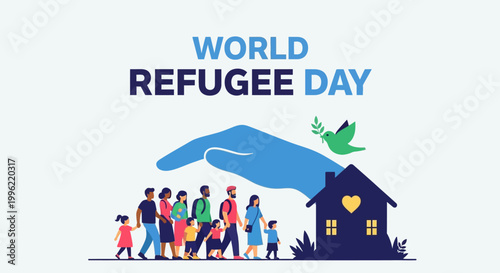 World Refugee Day illustration showing a large hand protecting a group of refugees finding shelter in a home, In bright studio.