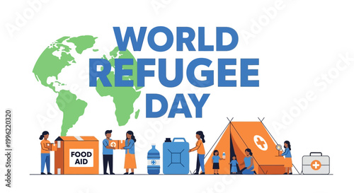World Refugee Day global aid illustration with a diverse group of people and relief supplies next to a globe, Isolated white background.