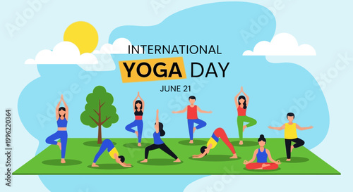 International Yoga Day with a large diverse group of people practicing yoga poses together in a sunny park.