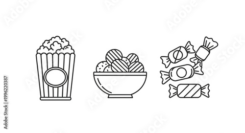 Popcorn bowl and candies line art icons.