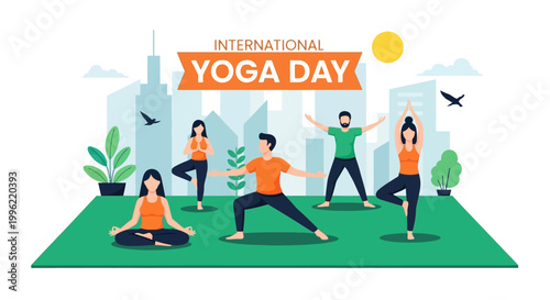 International Yoga Day with a diverse group of people practicing various yoga poses in a city park with a skyline background.