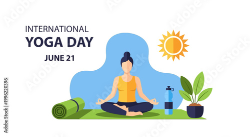 International Yoga Day with a woman meditating on a yoga mat in a bright studio with a water bottle and plant.
