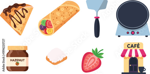 Crepe and Pancake Maker Vector Icon Set Featuring Sweet Crepes with Chocolate, Fruit Wrap, Hazelnut Spread, Strawberry, Spatula, and Electric Griddle for Cafe Menus