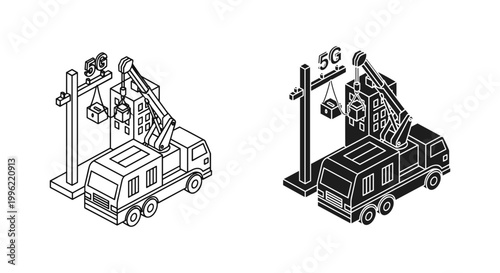 5G network construction crane truck icon set, isometric outline and solid style, white background, vector Illustration