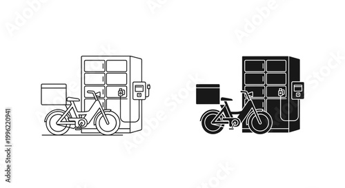 Electric bike charging station icon set with battery locker, white background, vector Illustration