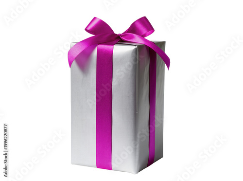Photography Isolated tall elegant silver wrapped present with a festive fuchsia satin ribbon