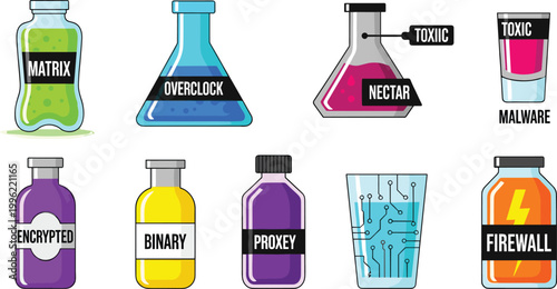 Cybersecurity and Technology Themed Beverage Icon Set Featuring Matrix, Overclock, Malware, Encrypted, Binary, and Firewall Concept Drinks for Tech Branding