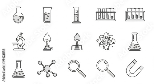 Collection of science and laboratory equipment icons.