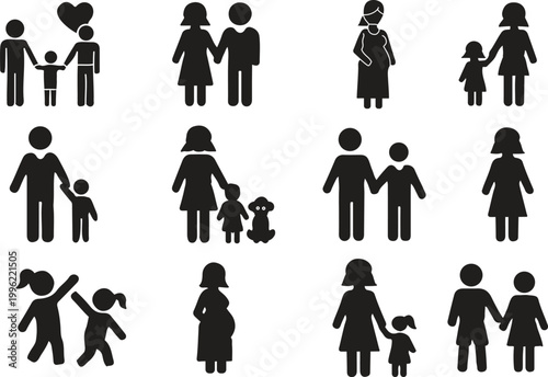 Set of diverse family icons showing different household structures and relationships Vector