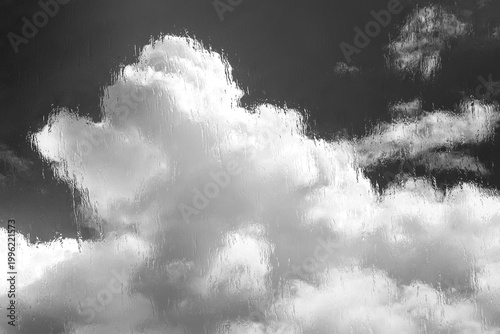 Clouds seen through rain covered window glass close up in black and white monochrome