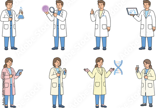 Cartoon vector illustration of diverse scientists in lab coats performing chemistry, biology, genetics, and data research activities